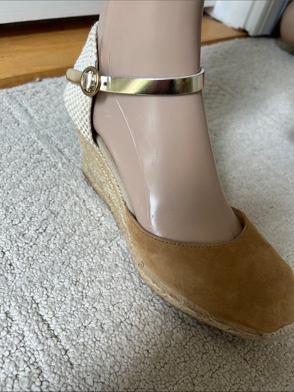 kanna Tan Suede Espadrille Wedge with Gold Ankle Strap